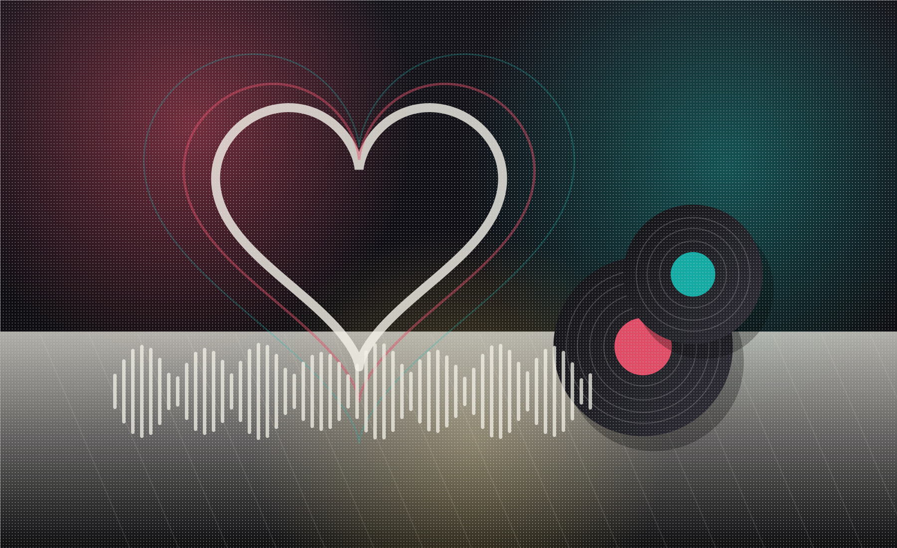 Silverheart Studios stage artwork with records, neon heart, and studio lights.